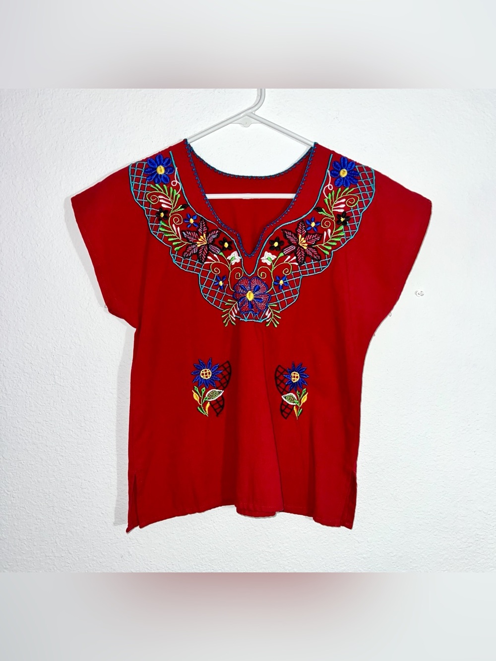 Vintage Red Floral Embroidered Handmade Huipil Top Boho Cottagecore Blouse